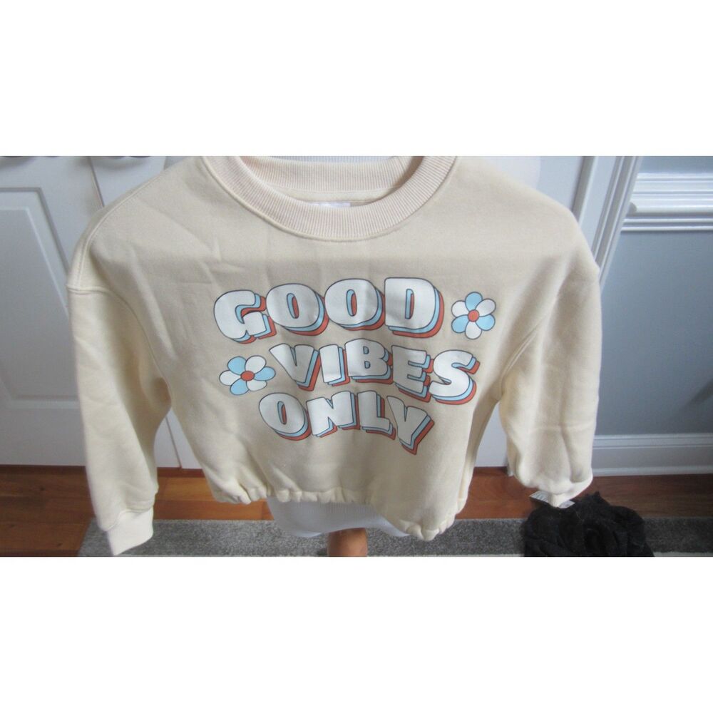 NEW TWEEN DIVA GOOD VIBES ONLY BEIGE SWEATSHIRT ELASTIC HEMLINE SIZE 8
